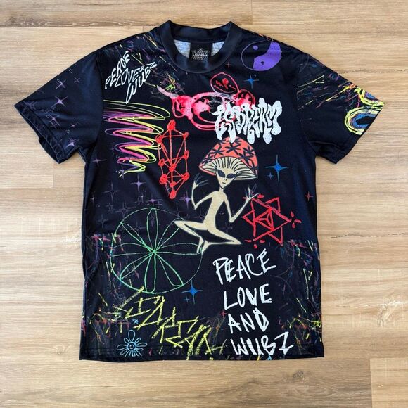 LSDREAM Alien Peace Love Wubz Graphic Black Shirt Size Medium Rave Festival EDM - Picture 1 of 6